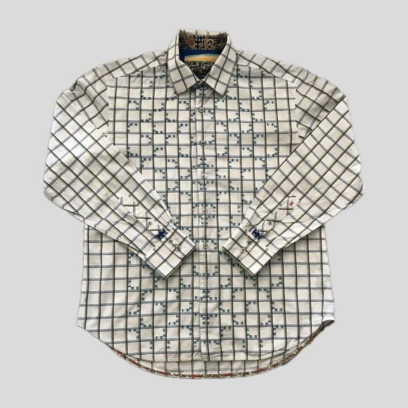 Robert Graham White Blue Check Embroidered Geometric Cotton Long Sleeve Shirt XL - Picture 2 of 9